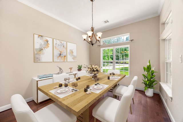 42 Brookefield Cir, Magnolia, TX 77355 - dining room featuring a chandelier, dark wood-style floors, ornamental molding, and baseboards