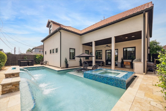 1249 Gardenia Dr, Houston, TX 77018 - view of swimming pool with a ceiling fan, a patio area, exterior kitchen, and a pool with connected hot tub