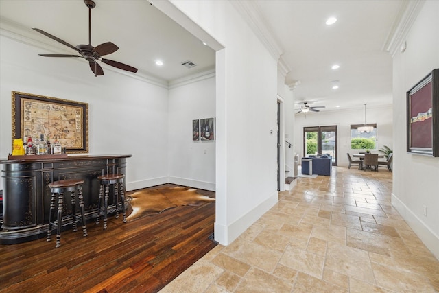 1249 Gardenia Dr, Houston, TX 77018 - corridor with crown molding, recessed lighting, baseboards, and stone tile flooring