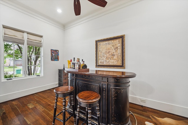 1249 Gardenia Dr, Houston, TX 77018 - indoor dry bar with ornamental molding, baseboards, ceiling fan, and wood finished floors