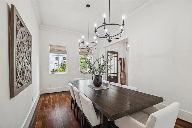 1249 Gardenia Dr, Houston, TX 77018 - dining room featuring a chandelier, crown molding, baseboards, and dark wood-style flooring