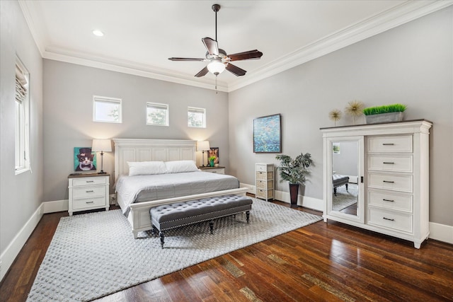1249 Gardenia Dr, Houston, TX 77018 - bedroom with dark wood-style floors, baseboards, ornamental molding, recessed lighting, and a ceiling fan