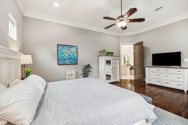 1249 Gardenia Dr, Houston, TX 77018 - bedroom with dark wood-style floors, crown molding, recessed lighting, and a ceiling fan