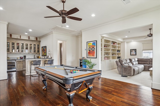 1249 Gardenia Dr, Houston, TX 77018 - game room featuring ceiling fan, attic access, wine cooler, wet bar, and crown molding