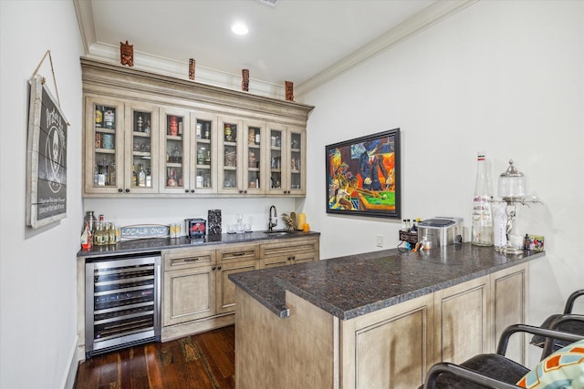 1249 Gardenia Dr, Houston, TX 77018 - indoor wet bar featuring beverage cooler, ornamental molding, and dark wood-style flooring