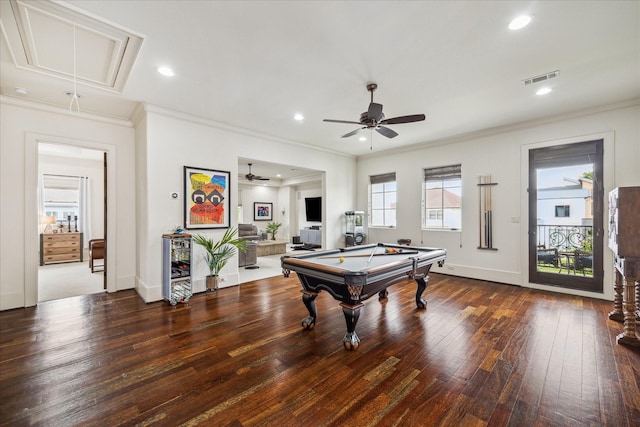 1249 Gardenia Dr, Houston, TX 77018 - game room featuring attic access, wood-type flooring, ornamental molding, billiards, and a ceiling fan
