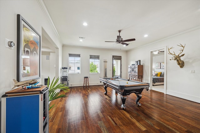 1249 Gardenia Dr, Houston, TX 77018 - rec room with a ceiling fan, billiards, ornamental molding, hardwood / wood-style flooring, and baseboards