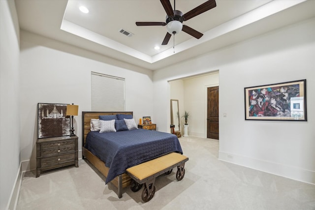 1249 Gardenia Dr, Houston, TX 77018 - bedroom with light carpet, recessed lighting, baseboards, a tray ceiling, and ceiling fan