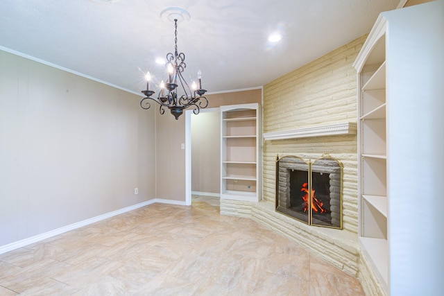 1708 Capstan Rd, Houston, TX 77062 - unfurnished living room with a chandelier, crown molding, a fireplace, and baseboards