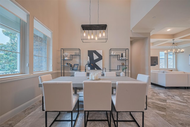 442 Imperial Blvd, Sugar Land, TX 77498 - dining room featuring a chandelier, marble finish flooring, baseboards, a towering ceiling, and coffered ceiling