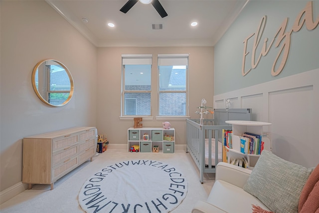 442 Imperial Blvd, Sugar Land, TX 77498 - playroom featuring ceiling fan, ornamental molding, carpet flooring, baseboards, and recessed lighting