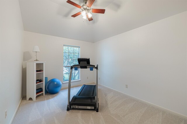 26122 Savory Springs Ln, Katy, TX 77494 - workout area featuring carpet flooring, baseboards, a ceiling fan, and vaulted ceiling