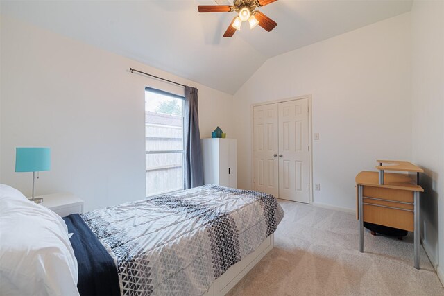 26122 Savory Springs Ln, Katy, TX 77494 - bedroom featuring lofted ceiling, light carpet, a closet, ceiling fan, and baseboards