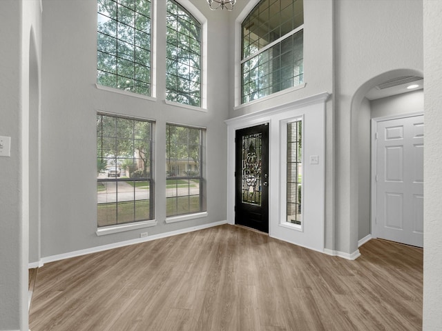 20211 Sunrise Glen Ct, Spring, TX 77379 - foyer with healthy amount of natural light, a towering ceiling, wood finished floors, and baseboards