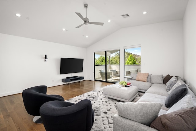 509 W Drew St, Houston, TX 77006 - living room featuring vaulted ceiling, a ceiling fan, wood finished floors, and recessed lighting