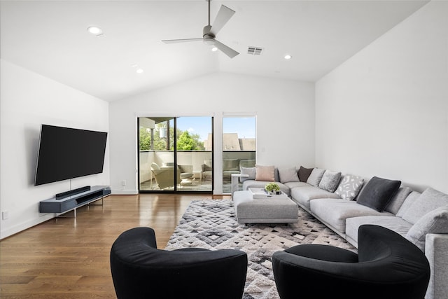 509 W Drew St, Houston, TX 77006 - living area with vaulted ceiling, ceiling fan, wood finished floors, recessed lighting, and baseboards