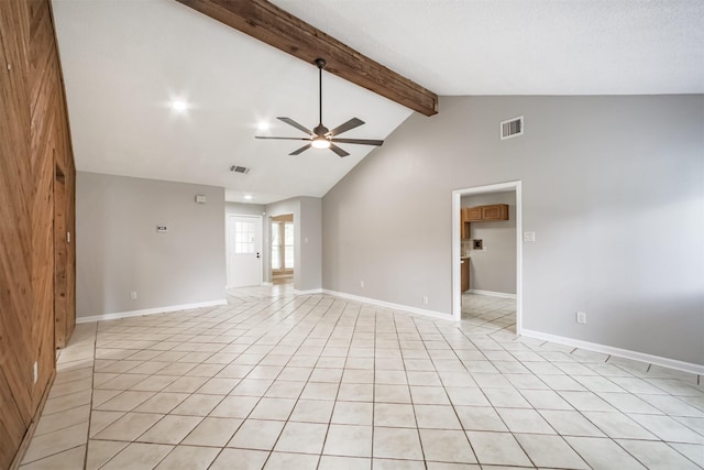22519 Elkana Deane Ln, Katy, TX 77449 - unfurnished room featuring ceiling fan, beam ceiling, light tile patterned floors, baseboards, and high vaulted ceiling