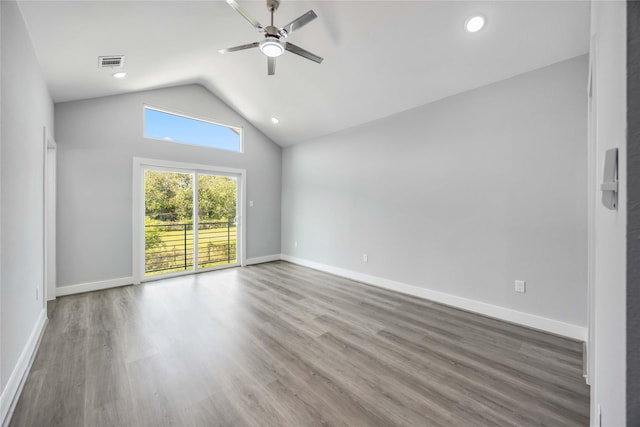 4923 Golden Forest St Unit A, Houston, TX 77091 - empty room featuring ceiling fan, lofted ceiling, baseboards, wood finished floors, and recessed lighting