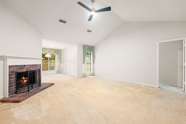 3031 W Cedar Sun Trl, Katy, TX 77449 - unfurnished living room featuring ceiling fan, carpet, a brick fireplace, baseboards, and high vaulted ceiling
