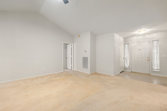 3031 W Cedar Sun Trl, Katy, TX 77449 - unfurnished room featuring light colored carpet, vaulted ceiling, baseboards, and ceiling fan