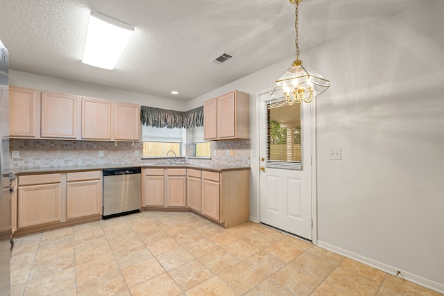 3031 W Cedar Sun Trl, Katy, TX 77449 - kitchen featuring dishwasher, light brown cabinetry, a sink, decorative backsplash, and a textured ceiling