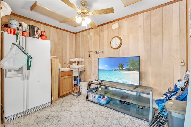 36 Jamaica Ln, Normangee, TX 77871 - living room with wood walls, light carpet, and ceiling fan