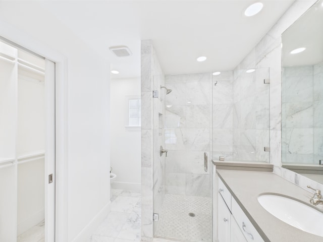 4927 Ward St, Houston, TX 77021 - full bathroom featuring marble finish flooring, a stall shower, baseboards, vanity, and recessed lighting