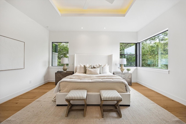 3851 Merrick St, Houston, TX 77025 - bedroom featuring a tray ceiling, wood finished floors, baseboards, and recessed lighting