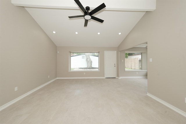 9607 Rumbling Wood Ln, Houston, TX 77086 - spare room with a ceiling fan, vaulted ceiling, recessed lighting, and baseboards
