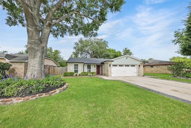 9607 Rumbling Wood Ln, Houston, TX 77086 - ranch-style home with a garage, concrete driveway, and brick siding