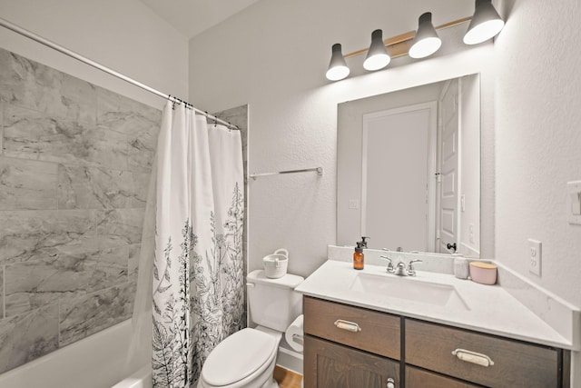 19002 Valentine Padlock Cir, Tomball, TX 77377 - full bathroom featuring vanity, toilet, shower / bath combo with shower curtain, and a textured wall