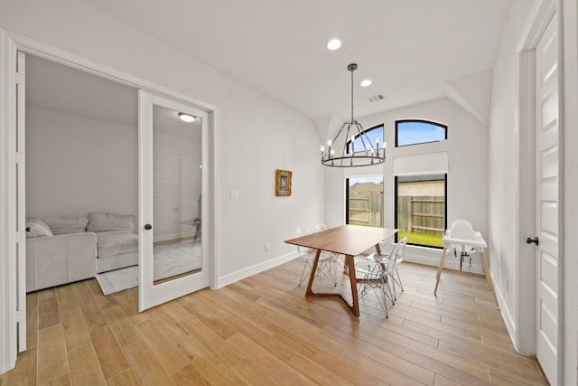 19002 Valentine Padlock Cir, Tomball, TX 77377 - dining area featuring light wood-style floors, lofted ceiling, a chandelier, baseboards, and recessed lighting