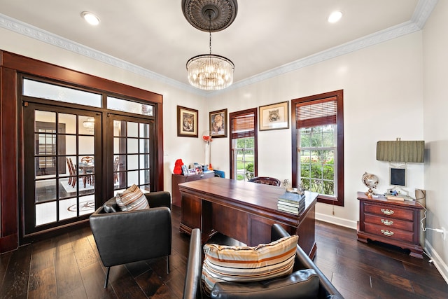 3818 Foolish Pleasure Ct, Richmond, TX 77406 - office featuring a chandelier, dark wood-style floors, baseboards, and ornamental molding