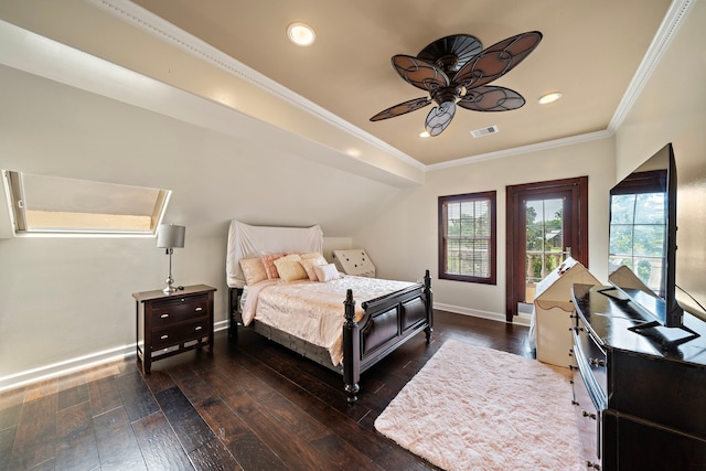 3818 Foolish Pleasure Ct, Richmond, TX 77406 - bedroom featuring baseboards, hardwood / wood-style floors, recessed lighting, crown molding, and a ceiling fan