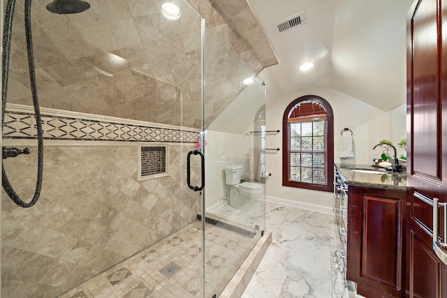 3818 Foolish Pleasure Ct, Richmond, TX 77406 - bathroom with lofted ceiling, vanity, a shower stall, toilet, and marble tiled flooring