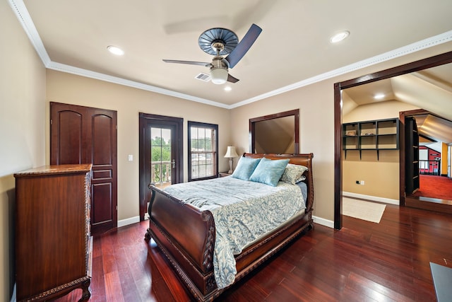 3818 Foolish Pleasure Ct, Richmond, TX 77406 - bedroom with access to outside, baseboards, dark wood-style flooring, recessed lighting, and crown molding