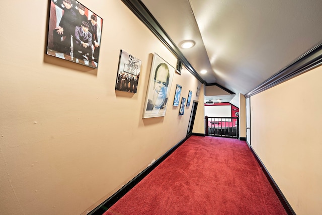 3818 Foolish Pleasure Ct, Richmond, TX 77406 - corridor with vaulted ceiling, carpet, baseboards, and recessed lighting