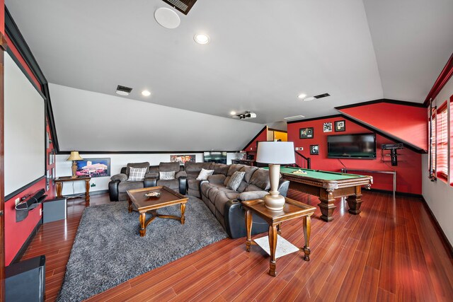 3818 Foolish Pleasure Ct, Richmond, TX 77406 - home theater with billiards, baseboards, recessed lighting, wood finished floors, and lofted ceiling