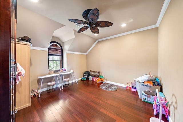 3818 Foolish Pleasure Ct, Richmond, TX 77406 - recreation room with ceiling fan, wood finished floors, baseboards, recessed lighting, and vaulted ceiling