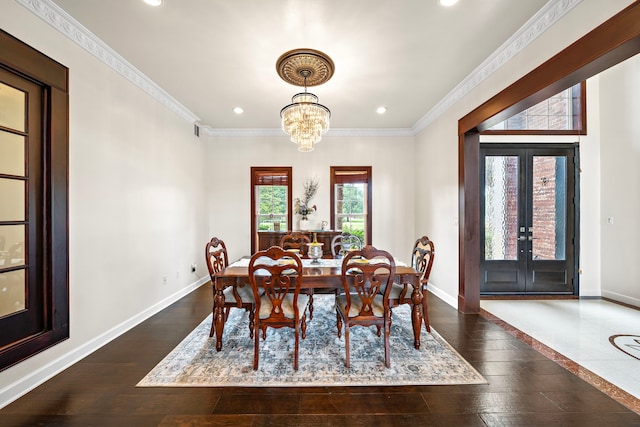 3818 Foolish Pleasure Ct, Richmond, TX 77406 - dining area with french doors, recessed lighting, baseboards, dark wood-style flooring, and ornamental molding