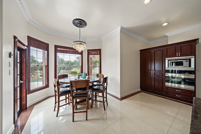 3818 Foolish Pleasure Ct, Richmond, TX 77406 - dining space with a chandelier, baseboards, light tile patterned floors, ornamental molding, and recessed lighting