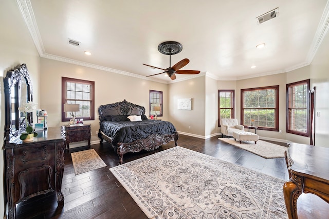 3818 Foolish Pleasure Ct, Richmond, TX 77406 - bedroom with dark wood-type flooring, recessed lighting, baseboards, crown molding, and a ceiling fan