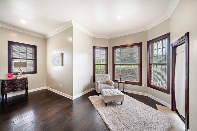 3818 Foolish Pleasure Ct, Richmond, TX 77406 - living area with baseboards, healthy amount of natural light, dark wood-type flooring, crown molding, and recessed lighting