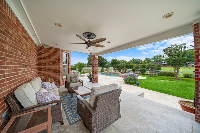 3818 Foolish Pleasure Ct, Richmond, TX 77406 - view of patio with a ceiling fan, an outdoor hangout area, and a pool with connected hot tub