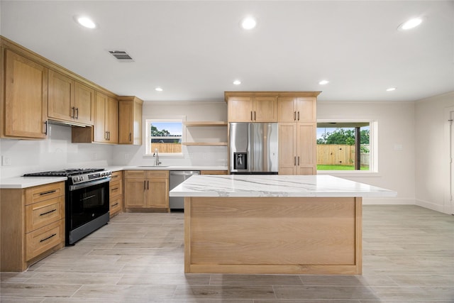 1041 Gardendale Dr, Houston, TX 77018 - kitchen with stainless steel appliances, a sink, ornamental molding, open shelves, and recessed lighting