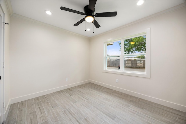 1041 Gardendale Dr, Houston, TX 77018 - empty room featuring ornamental molding, baseboards, light wood finished floors, recessed lighting, and a ceiling fan