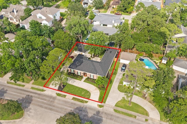322 N Wilcrest Dr, Houston, TX 77079 - aerial perspective of suburban area with a pool area and property parcel outlined