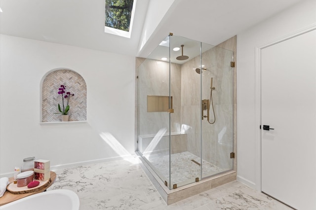 322 N Wilcrest Dr, Houston, TX 77079 - bathroom featuring a shower stall, marble finish flooring, a skylight, and recessed lighting