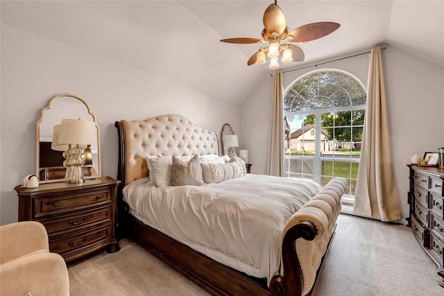 312 Fox Xing, Burnet, TX 78611 - bedroom with light carpet, lofted ceiling, ceiling fan, and access to outside
