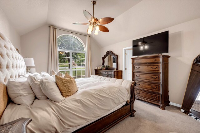 312 Fox Xing, Burnet, TX 78611 - bedroom featuring vaulted ceiling, light colored carpet, and ceiling fan